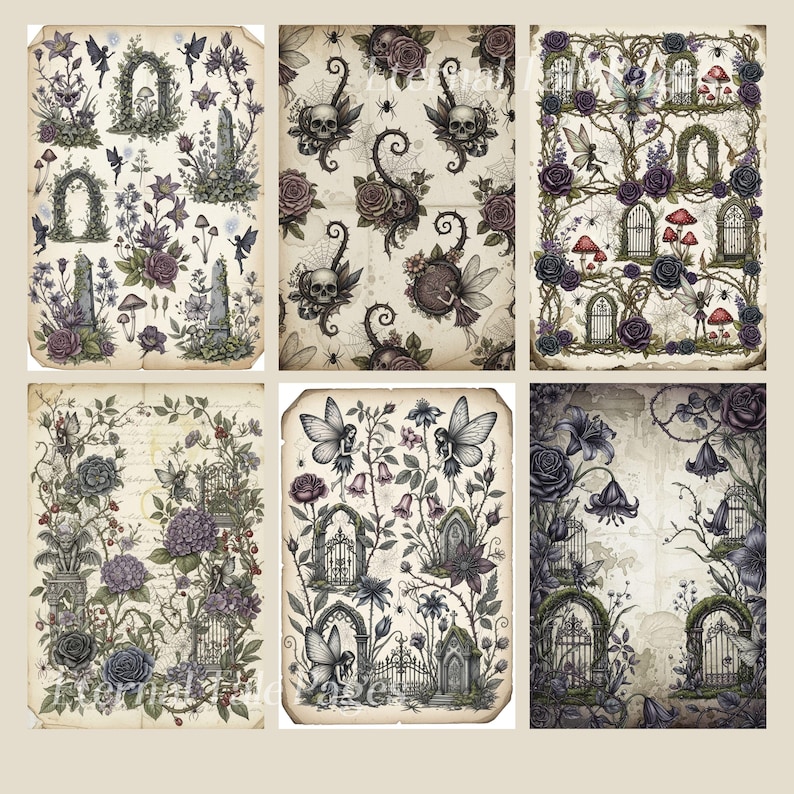Pu&ograve; includere: Una collezione di sei stampe in stile vintage con temi gotici e fantasy. Le stampe presentano illustrazioni di fate, teschi, rose, cancelli ad arco ed elementi botanici in tonalit&agrave; viola, verde e crema. L'opera d'arte ha un aspetto invecchiato.