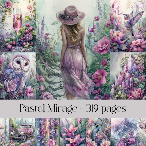 Pastel Mirage pages for Scrapbook and Junk Journal, digital paper, purple and lilac, romantic, etherial, animals and people, printable art