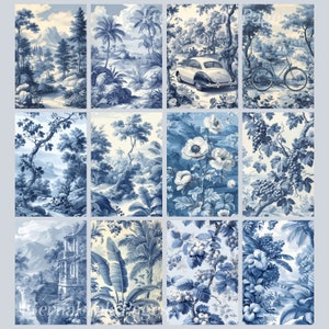 May include: A collage of ten blue and white patterned designs. The patterns feature floral motifs, grapes, palm trees, and landscapes. The designs are reminiscent of traditional blue and white china.