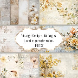 Neutrale Vintage Script Seiten, Junk Journal, Scrapbook Papier, bedruckbar, Floral, beige, Hintergrundpapier, botanisches Papier