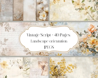 Vintage Script Floral Paper: Beige Botanical Backgrounds (Digital Download)