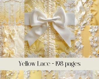 Yellow Lace pages for scrapbooking and junk journals, digital paper, bows, pearls, fabric texture, printable images, satin and silk