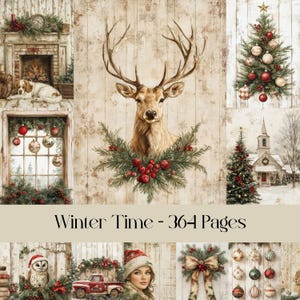 Wintertijd, kerstafvaldagboekpagina's, plakboekpapier, digitaal papier, kerstmis, feestelijk papier, afdrukbaar papier, kerstpapier, rustiek