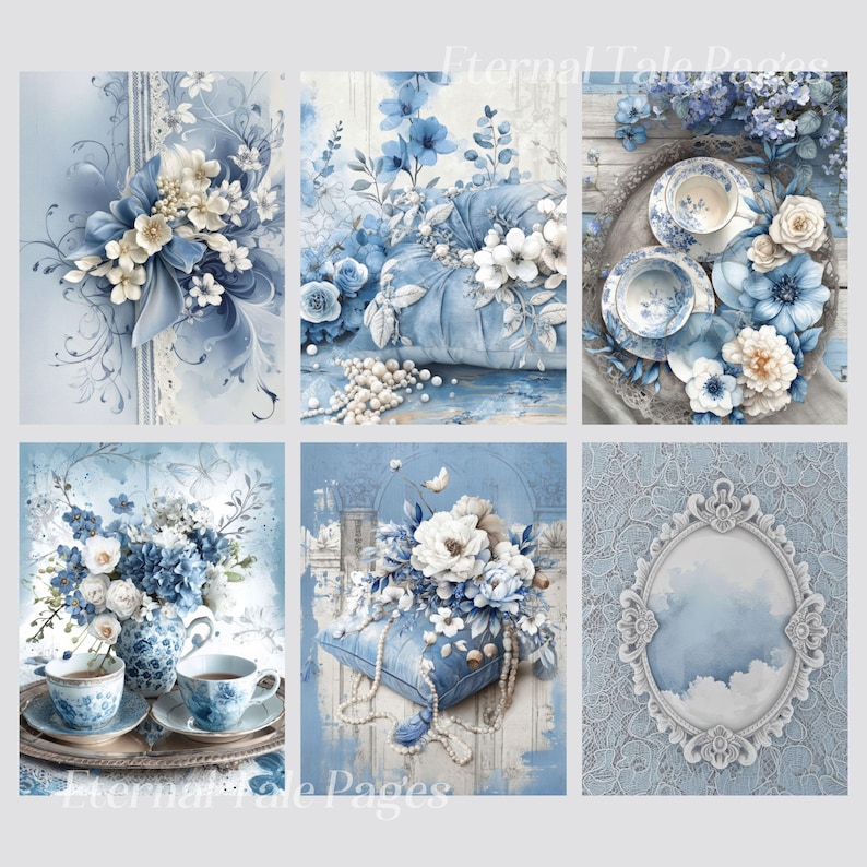 Victorian Blue Digital Paper Pack, Shabby Chic Floral Backgrounds ...