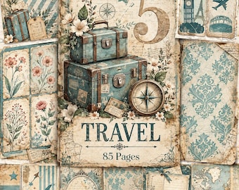 May include: A digital collage sheet featuring vintage travel-themed elements including stacked blue suitcases, a compass, world maps, floral accents, and the text 5 TRAVEL 85 Pages. The design incorporates postage stamps, airplanes, and landmarks like the Eiffel Tower and Big Ben in a distressed, aged paper aesthetic.