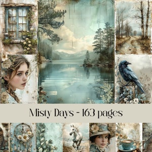 Misty Days Pages, carta digitale per album e diario, arte paesaggistica, aspetto vintage, acquerello, inchiostro, antico, carta vecchia, arte murale