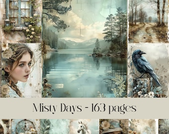 Misty Days Pages, papel digital para álbum de recortes y diario basura, arte paisajístico, aspecto vintage, acuarela, tinta, papel antiguo, antiguo, arte de pared