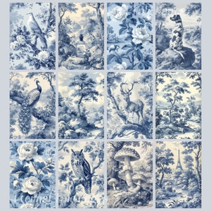 May include: A collage of ten blue and white toile patterns featuring various images, including a peacock, a deer, a mushroom, a bird, a dog, and a bottle. The patterns are all on a white background.