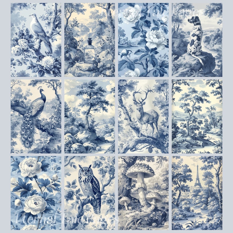 May include: A collage of ten blue and white toile patterns featuring various images, including a peacock, a deer, a mushroom, a bird, a dog, and a bottle. The patterns are all on a white background.
