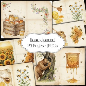 Può includere: Un collage di arte digitale con un diario sul miele con 25 pagine in formato JPEG. Le immagini includono barattoli di miele in una cassa di legno, api, girasoli, un orso e favi. Sono presenti anche illustrazioni floreali e di limoni.