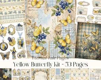Butterfly Junk Journal Kit, Yellow Blue Botanical Ephemera, Vintage Blueberry Printables, Cottagecore Scrapbook Papers