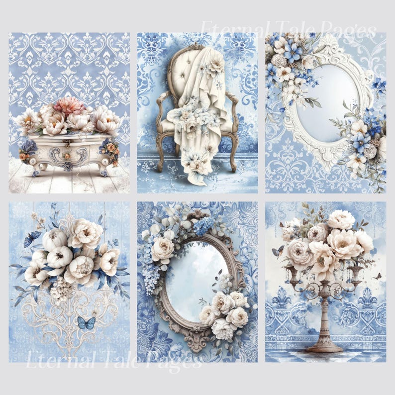 Victorian Blue Digital Paper Pack, Shabby Chic Floral Backgrounds ...