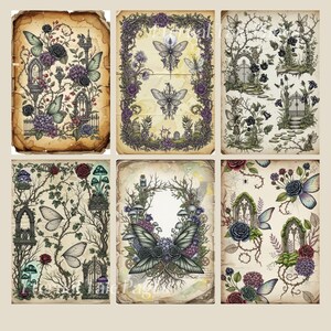 Pu&ograve; includere: Una collezione di sei stampe in stile vintage con temi gotici e fantasy. Ogni stampa presenta illustrazioni dettagliate di farfalle, rose, cancelli ed elementi architettonici in tenui tonalit&agrave; di viola, verde e marrone.