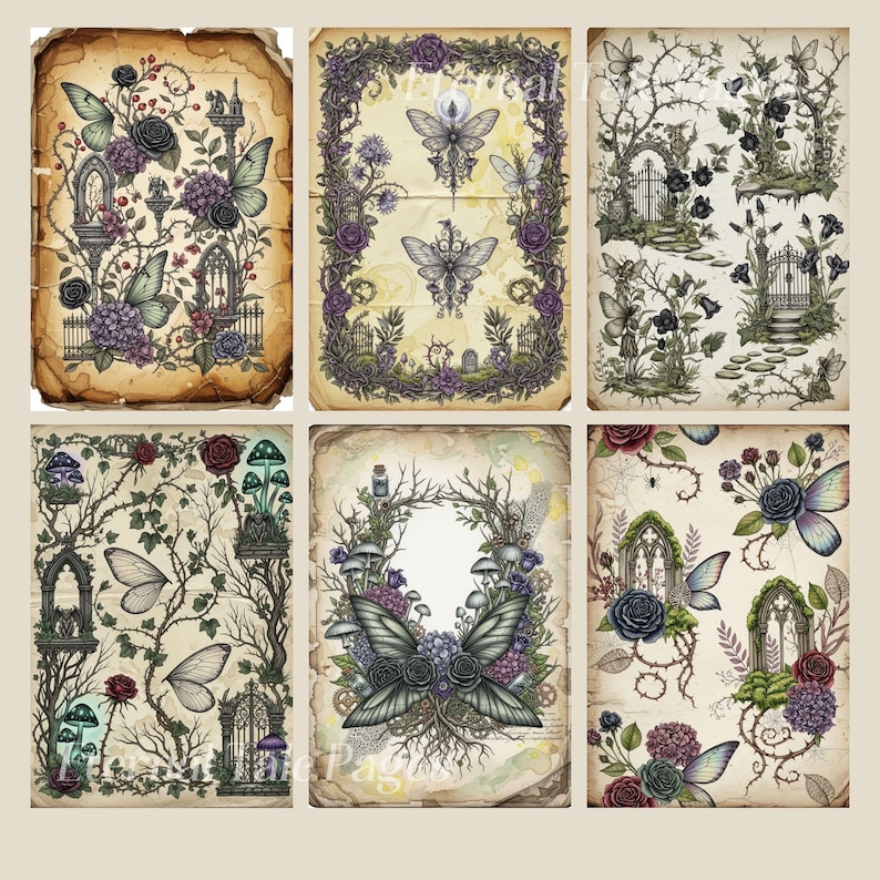 Pu&ograve; includere: Una collezione di sei stampe in stile vintage con temi gotici e fantasy. Ogni stampa presenta illustrazioni dettagliate di farfalle, rose, cancelli ed elementi architettonici in tenui tonalit&agrave; di viola, verde e marrone.