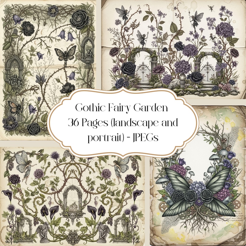 Pu&ograve; includere: Quattro stampe d'arte digitale con un tema giardino delle fate gotico. Ogni stampa presenta intricate illustrazioni di farfalle, rose ed elementi architettonici in tonalit&agrave; di verde, viola e nero. Il testo recita "Gothic Fairy Garden 36 Pages (landscape and portrait) - JPEGs."