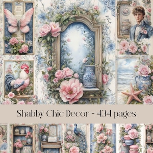 Décoration shabby chic, papier numérique, journal indésirable, papier de scrapbooking, roses, fleurs, éphémères vintage, animaux, oiseaux, aquarelle, collage