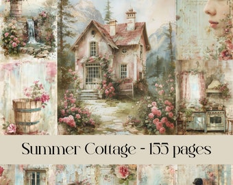 Summer Cottage-pagina's voor scrapbooking, junk journal, afdrukbare afbeeldingen, kunst aan de muur, digitaal papier, vintage, ouderwets, plattelandsleven