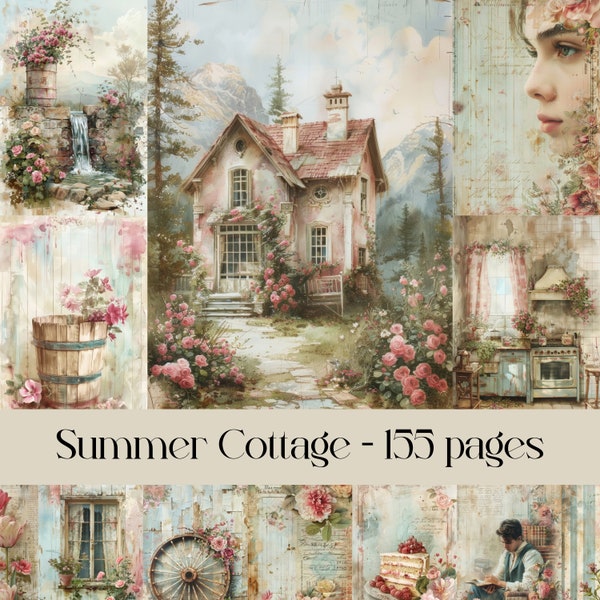 Summer Cottage-pagina's voor scrapbooking, junk journal, afdrukbare afbeeldingen, kunst aan de muur, digitaal papier, vintage, ouderwets, plattelandsleven