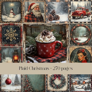 Páginas navideñas a cuadros, papel digital, diario basura, papel para álbumes de recortes, imágenes cuadradas, Navidad vintage, invierno festivo victoriano, Papá Noel