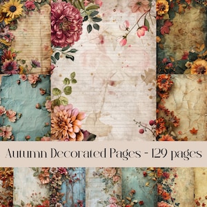 Herbst Dekorierte Seiten für Scrapbook und Junk Journal, liniertes Papier, Herbst, Erntezeit, Blätter und Blumen, digitales Papier, printable, boho