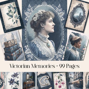 Pagine di ricordi vittoriani, diario di scarto, vintage, carta per scrapbooking, blu, pagine floreali, fiori, effimeri, cornici, antico, immagini stampabili