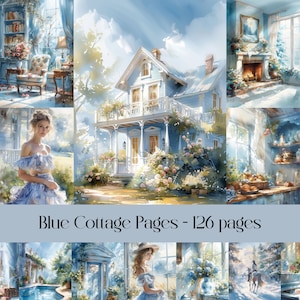 Blue Cottage Junk journal pages, watercolor illustrations, scrapbook paper, collage, countryside, victorian cottage, french cottage images