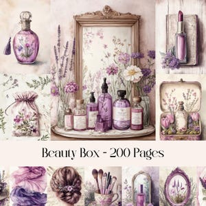 Beauty Box Pages, diario spazzatura, carta digitale, immagini floreali viola e rosa, profumo, moda, shabby chic, vintage, pagine di scrapbooking stampabili