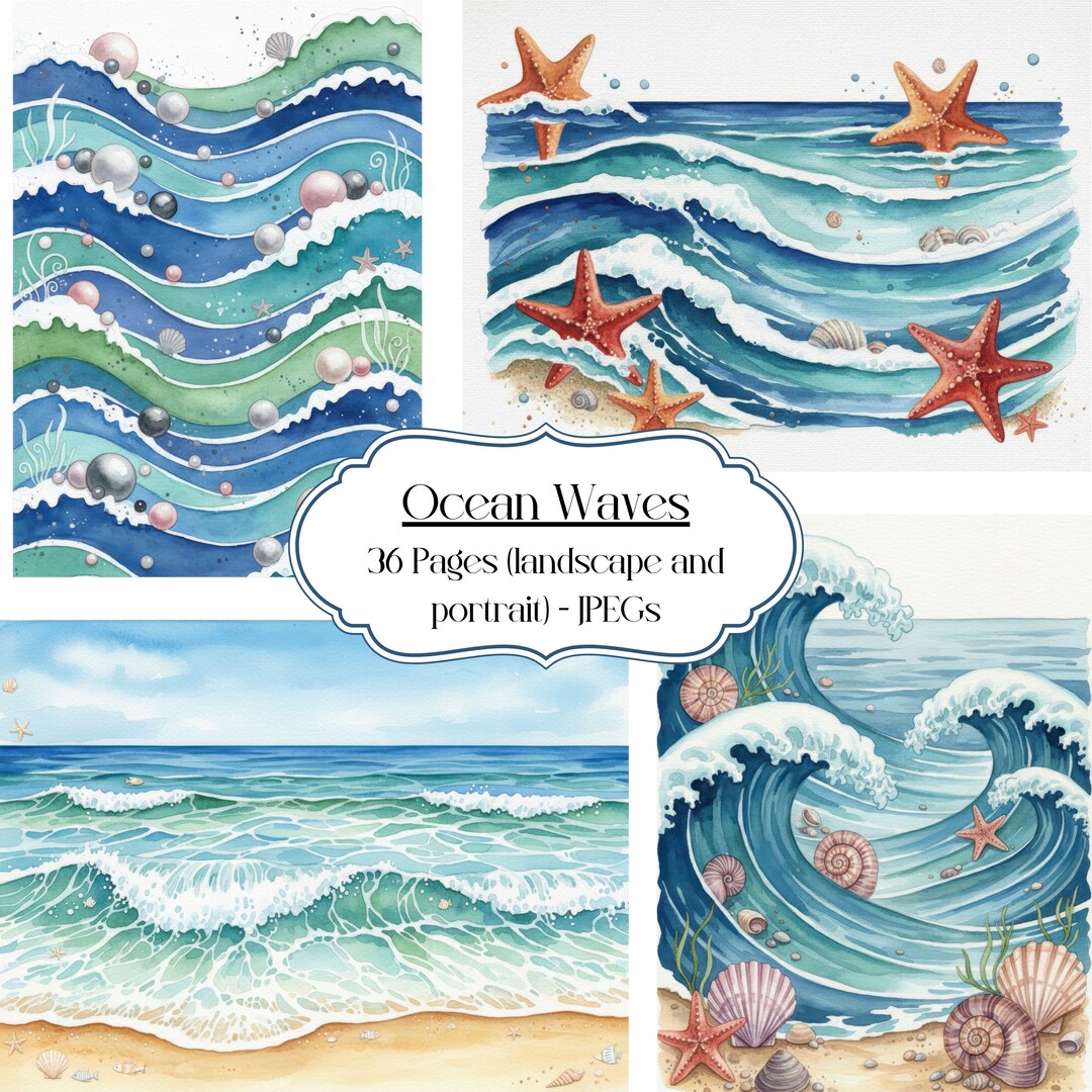 Ocean Waves Digital Papers, Watercolor Sea Backgrounds Coastal Beach - Etsy