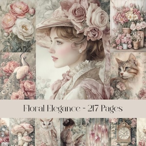 Floral Elegance Pages, carta digitale, junk journal, carta per scrapbooking, fiori, botanica, rosa tenue, neutro, estate, animali, uccelli, natura