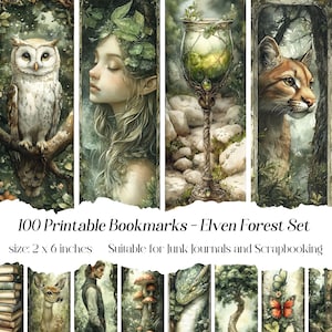 Elven Woods bladwijzers, junk journal, scrapbooking, betoverd bos, natuur, fantasie, afdrukbare afbeeldingen, bomen en planten, bloemen, dieren