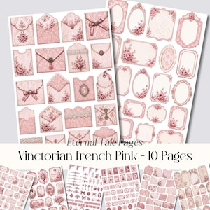 May include: Pink Victorian-themed paper ephemera sheets. The sheets feature various designs, including envelopes, frames, and tags, adorned with floral and lace details. The text "Eternal Tale Pages" and "Victorian French Pink - 10 Pages" are visible.