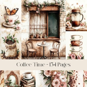 Pages de l'heure du café, journal indésirable, café, floral, scrapbooking, grains de café, boissons chaudes, botanique, papier numérique, papier de fond, imprimable