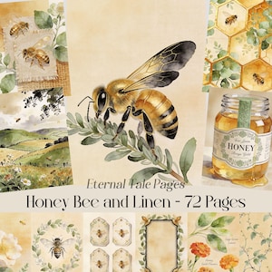 May include: A collage featuring watercolor illustrations of honeybees, honeycombs, and a jar of honey. The text "Eternal Tale Pages" and "Honey Bee and Linen - 72 Pages" are visible. The color palette includes shades of yellow, brown, and green.
