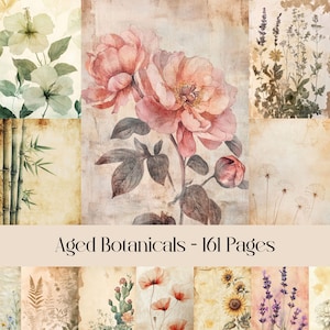 Aged Botanical Pages, digitaal papier, junkjournal, plakboekpapier, bloemen, bloemen, botanisch, planten, verontrust, vintage, antiek
