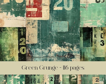 Green Grunge Paper: Distressed Typography, Scrapbook Pages (Digital Download)
