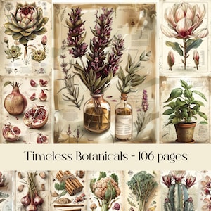 Timeless Botanicals Pagine di diario spazzatura, carta digitale, carta per scrapbooking, immagini stampabili, carta vintage, verdure, fiori, effimere