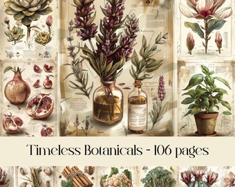 Timeless Botanicals Junk journal pages, digital paper, scrapbook paper, printable images, vintage paper, vegetables, flowers, ephemera