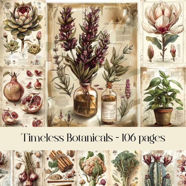 Timeless Botanicals Junk journal pages, digital paper, scrapbook paper, printable images, vintage paper, vegetables, flowers, ephemera