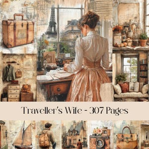 Traveller's Wife-pagina's, junkdagboek, vintage papier, plakboekpapier, digitaal papier, reizen, reizen, boeken, antiek, avontuur, afdrukbaar