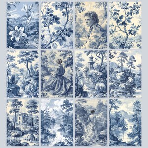 May include: A collage of ten images featuring blue and white toile patterns. The images depict various scenes, including a woman in a garden, a woman in a forest, a woman in a field, a woman in a house, a woman in a boat, a woman in a car, a woman in a plane, a woman in a train, a woman in a bus, and a woman in a subway.
