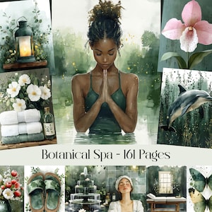 May include: A watercolour illustration with a spa theme, featuring a woman in a green swimsuit meditating in water. Other images include a lantern, flowers, towels, a dolphin, and butterflies. Text reads "Botanical Spa - 161 Pages."