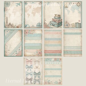 May include: A set of printable digital papers featuring a travel theme. The papers include a world map, suitcases, a compass, and floral patterns in shades of blue, pink, and beige. The papers are perfect for scrapbooking, card making, and other paper crafts.