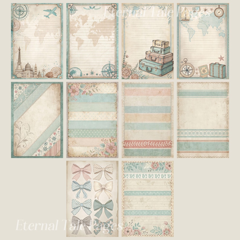 May include: A set of printable digital papers featuring a travel theme. The papers include a world map, suitcases, a compass, and floral patterns in shades of blue, pink, and beige. The papers are perfect for scrapbooking, card making, and other paper crafts.