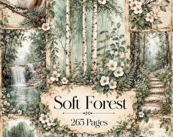 May include: A collage of forest-themed illustrations featuring a chipmunk, birch trees, a bird, a waterfall, an owl, and a butterfly. The central text reads Soft Forest 265 Pages, surrounded by white flowers, greenery, and stone paths in a vintage style.