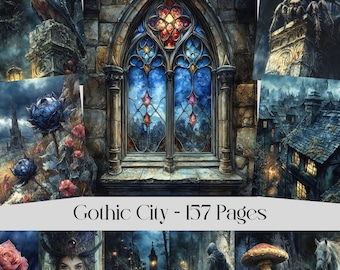 Gothic Stadt Fantasy Digitales Papier, dunkle mittelalterliche Architektur Kunst