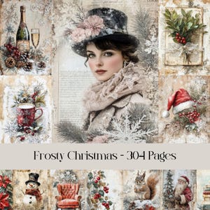 Frosty Christmas Pages, vintage, zimowe święta, papier cyfrowy, junk journal, papier do scrapbookingu, świąteczny, do druku, pobieranie cyfrowe, zniszczony