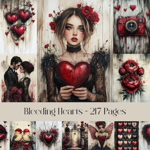 Páginas de corazones sangrantes, San Valentín, amor gótico, papel digital, diario basura, scrapbooking, grunge, oscuro, tinta negra y roja, flores, pareja