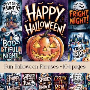 Spaß Halloween Phrasen Seiten, Halloween Poster, Aquarell, Junk Journal, Scrapbook, digitales Papier, Herbst Saison, Kürbisse, gruselig, Geister