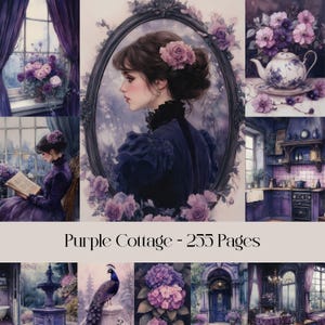 Páginas de Purple Cottage, papel digital, diario basura, papel para álbumes de recortes, casa victoriana, lila, lavanda, papeles antiguos, efímeras digitales