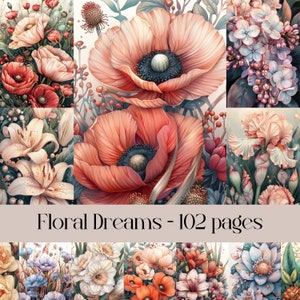 Floral Dreams, Junk Journal, Plakboekpapier, digitaal papier, bloemen, botanisch, collage, planten, bloemenpapier, decoupagepapier, afdrukbaar